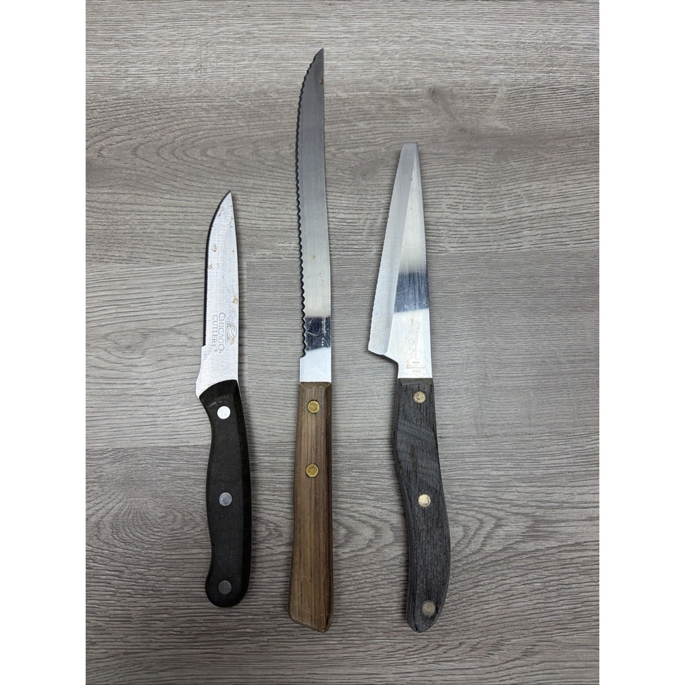 3 Vintage USA Knifes. Ekco Arrowhead, Stainless Forgecraft, Chicago Cutlery